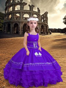 Sleeveless Satin and Organza Floor Length Zipper Little Girl Pageant Dress in Lavender with Embroidery and Ruffled Layer