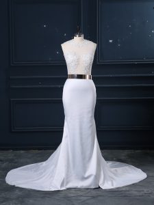 Inexpensive White Wedding Dresses Elastic Woven Satin Brush Train Sleeveless Appliques and Sashes ribbons