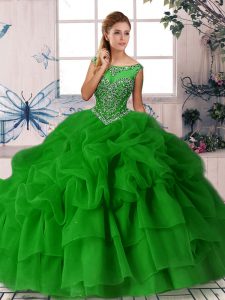 Classical Green Ball Gowns Scoop Sleeveless Organza Brush Train Zipper Beading and Pick Ups Sweet 16 Quinceanera Dress