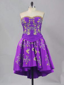 Inexpensive Sweetheart Sleeveless Prom Dress Mini Length Embroidery Eggplant Purple Taffeta