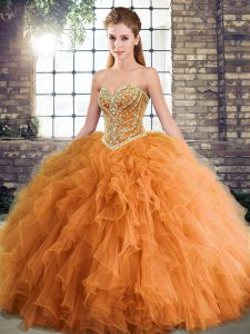 Clearance Orange Ball Gowns Sweetheart Sleeveless Tulle Floor Length Lace Up Beading and Ruffles Ball Gown Prom Dress