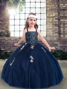 Straps Sleeveless Lace Up Pageant Dress Wholesale Navy Blue Tulle