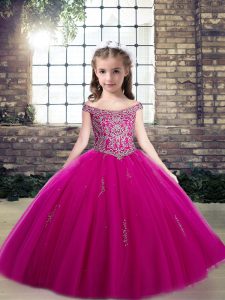 Fuchsia Tulle Lace Up Pageant Dresses Sleeveless Floor Length Beading