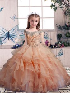 Beading and Ruffles Little Girl Pageant Gowns Peach Lace Up Sleeveless Floor Length