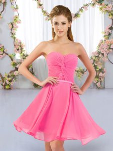Rose Pink Empire Sweetheart Sleeveless Chiffon Mini Length Lace Up Ruching Bridesmaid Dress