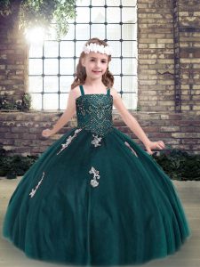 Eye-catching Teal Ball Gowns Appliques Pageant Dress for Womens Lace Up Tulle Sleeveless Floor Length