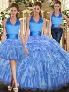 Sleeveless Floor Length Ruffles and Pick Ups Lace Up Sweet 16 Dresses with Baby Blue