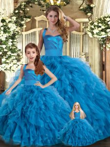 Floor Length Lace Up Quinceanera Gown Blue for Military Ball and Sweet 16 and Quinceanera with Ruffles