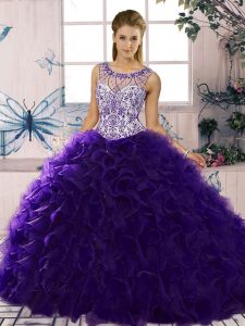 Lovely Purple Organza Lace Up Vestidos de Quinceanera Sleeveless Floor Length Beading and Ruffles