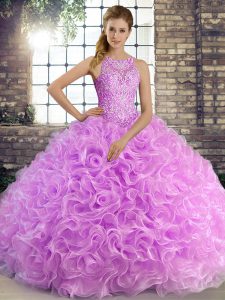 Sleeveless Floor Length Beading Lace Up Quinceanera Gowns with Lilac