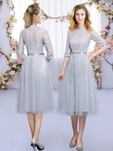Grey Empire Lace and Belt Bridesmaid Dresses Zipper Tulle Half Sleeves Tea Length