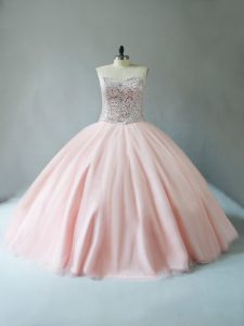Fine Peach Vestidos de Quinceanera Sweet 16 and Quinceanera with Beading Sweetheart Sleeveless Lace Up
