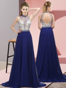 Beauteous Royal Blue Backless Prom Gown Beading Sleeveless Brush Train