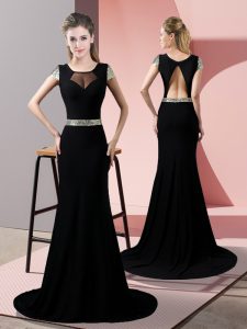 Dramatic Black Satin Backless Short Sleeves Sweep Train Sequins