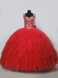 Sexy Red Lace Up Straps Beading and Ruffles Quinceanera Gowns Tulle Sleeveless