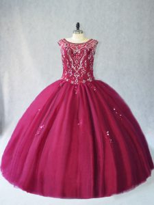 Burgundy Sleeveless Floor Length Beading Lace Up Quinceanera Gown