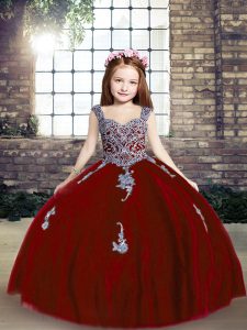 Red Tulle Lace Up Kids Pageant Dress Sleeveless Floor Length Appliques