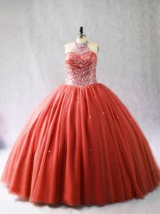 Extravagant Red Halter Top Neckline Beading Quinceanera Gowns Sleeveless Lace Up