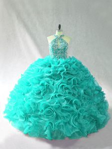 Hot Selling Organza Halter Top Sleeveless Brush Train Lace Up Beading and Ruffles Quinceanera Gown in Aqua Blue