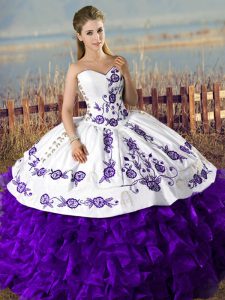 White And Purple Sleeveless Floor Length Embroidery and Ruffles Lace Up Sweet 16 Dresses
