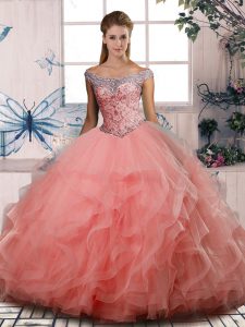Elegant Watermelon Red Tulle Lace Up Off The Shoulder Sleeveless Floor Length Vestidos de Quinceanera Beading