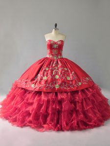 Red Ball Gowns Embroidery and Ruffles 15th Birthday Dress Lace Up Organza Sleeveless Floor Length