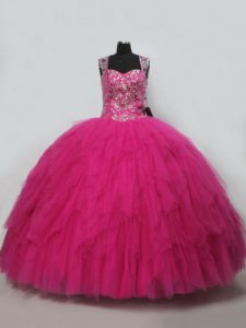 Comfortable Hot Pink Ball Gowns Tulle Straps Sleeveless Beading and Ruffles Lace Up Sweet 16 Dresses