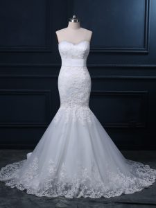 Glorious Sleeveless Brush Train Zipper Lace Wedding Gowns
