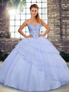 Spectacular Sleeveless Tulle Brush Train Lace Up Sweet 16 Quinceanera Dress in Lavender with Beading and Ruffled Layers