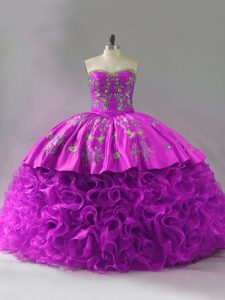 Lace Up Vestidos de Quinceanera Fuchsia for Sweet 16 and Quinceanera with Beading and Embroidery and Ruffles Brush Train