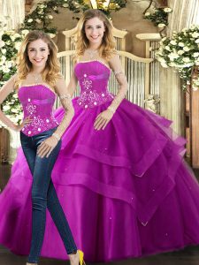 Luxurious Floor Length Lace Up 15 Quinceanera Dress Fuchsia for Sweet 16 and Quinceanera with Beading and Ruffles