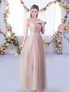 Stunning Pink Tulle Side Zipper Bridesmaid Gown Sleeveless Floor Length Lace and Belt