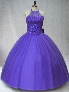 Perfect Purple Sleeveless Floor Length Beading Lace Up 15th Birthday Dress