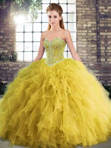 Exceptional Sweetheart Sleeveless Tulle Ball Gown Prom Dress Beading and Ruffles Lace Up