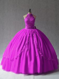Stylish Tulle Halter Top Sleeveless Lace Up Appliques 15th Birthday Dress in Fuchsia