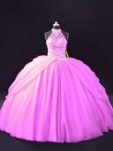 Designer Sleeveless Floor Length Beading and Pick Ups Lace Up Sweet 16 Quinceanera Dress with Lilac