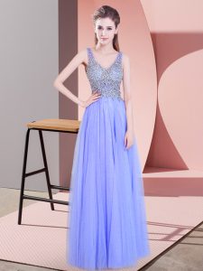 Latest Lavender Zipper V-neck Beading Prom Evening Gown Tulle Sleeveless