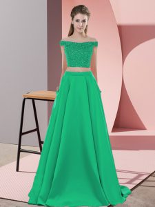 Turquoise Prom Party Dress Elastic Woven Satin Sweep Train Sleeveless Beading