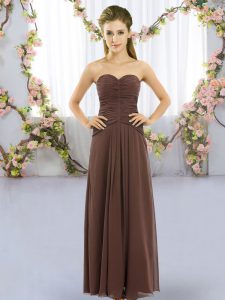 Custom Design Sweetheart Sleeveless Court Dresses for Sweet 16 Floor Length Ruching Brown Chiffon