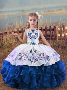 Sleeveless Floor Length Embroidery and Ruffles Lace Up Little Girls Pageant Dress Wholesale with Blue