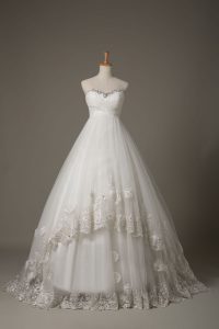Sweetheart Sleeveless Tulle Wedding Dress Beading and Lace and Hand Made Flower Court Train Lace Up