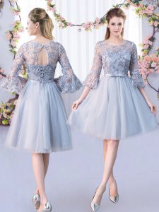Comfortable Lace and Belt Bridesmaid Dresses Grey Lace Up 3 4 Length Sleeve Knee Length