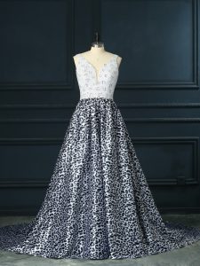 White And Black A-line Beading Evening Dress Backless Printed Sleeveless