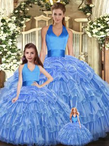 Baby Blue Ball Gowns Organza Halter Top Sleeveless Ruffles and Pick Ups Floor Length Lace Up Sweet 16 Quinceanera Dress
