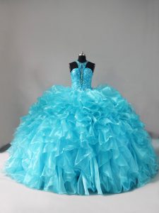 Glittering Ball Gowns Sleeveless Aqua Blue Quince Ball Gowns Brush Train Lace Up