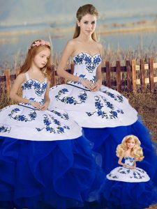 Amazing Embroidery and Ruffles and Bowknot Sweet 16 Dress Royal Blue Lace Up Sleeveless Floor Length