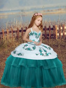 Glorious Teal Lace Up Straps Embroidery Little Girls Pageant Dress Wholesale Tulle Sleeveless