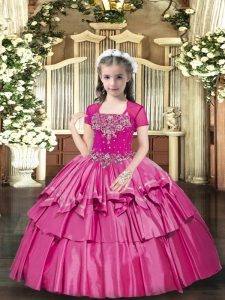 Hot Pink Ball Gowns Straps Sleeveless Taffeta Floor Length Lace Up Beading Little Girls Pageant Dress