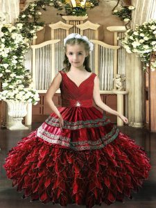 Stunning Red Ball Gowns V-neck Sleeveless Beading and Appliques and Ruffles Floor Length Backless Pageant Dress Wholesal