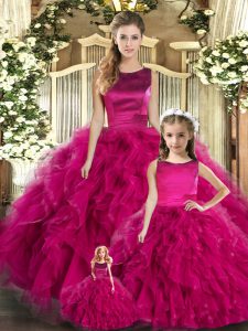 Fuchsia Lace Up Scoop Ruffles Quinceanera Dresses Tulle Sleeveless
